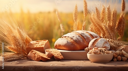 Fresh artisan bread on rustic table with wheat field background.