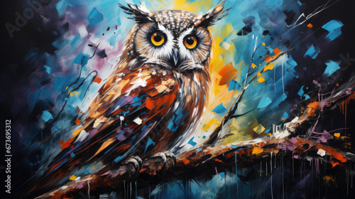 Enchanting abstract oil acrylic painting illustration of mystical owl palette knife on canvas