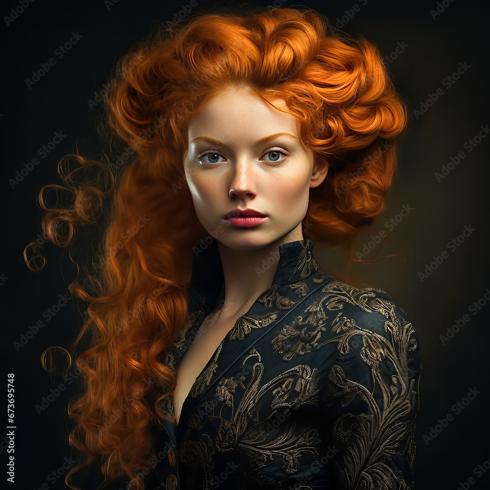 Red Haired Interesting Woman. Generated Image. A digital rendering of an interesting red haired woman in traditional clothing. Red Haired Interesting Woman. Generated Image. A digital rendering of an interesting red haired woman in traditional clothing.