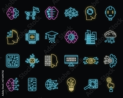 Artificial intelligence system icons set. Outline set of artificial intelligence system vector icons neon color on black