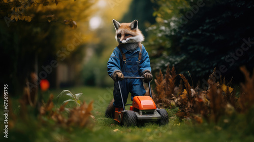 un renard anthropomorphe est en train de tondre sa pelouse dans son jardin à l'automne © Fox_Dsign