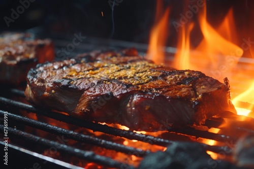 Steak on bbq grill with fire