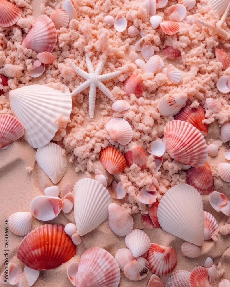 A collection of exquisite shells and a lone starfish lay scattered on the soft sand, each one a delicate reminder of the intricate world of invertebrates and the vast ocean that they call home A collection of exquisite shells and a lone starfish lay scattered on the soft sand, each one a delicate reminder of the intricate world of invertebrates and the vast ocean that they call home