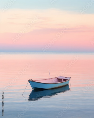 A majestic boat glides gracefully across the serene waters of the lake, its sails billowing in the warm sunrise as it transports its passengers on a peaceful journey through the calm clouds and into 
