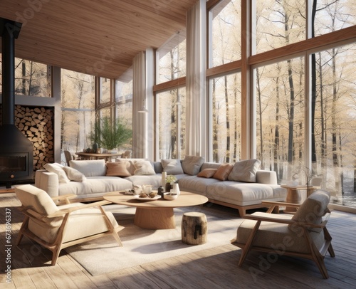 Sunlight pours through the towering windows of a cozy den, illuminating a plush couch and loveseat nestled on the hardwood floor, adorned with decorative pillows and accompanied by a grand ceiling an © mockupzord