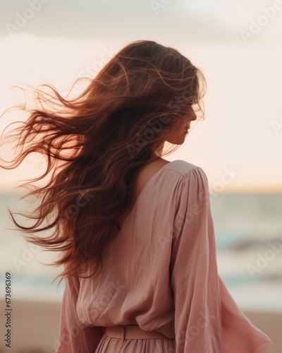 A carefree woman dances on the beach, her long hair flying in the wind as she embraces the endless sky above