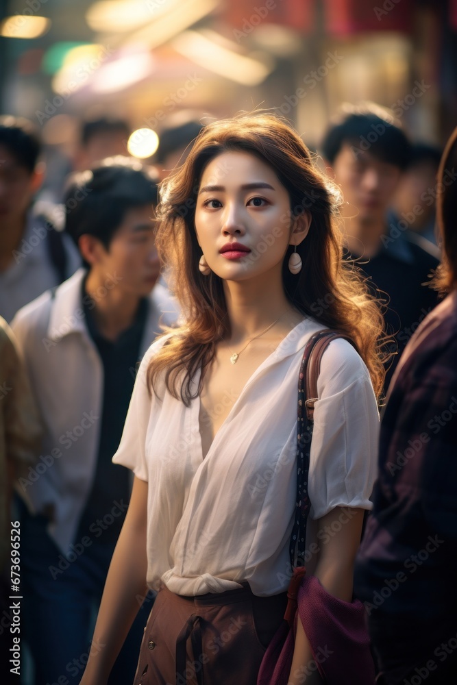 A fashionable lady stands out in a sea of people on the bustling street, her crisp white shirt a symbol of confidence and individuality amidst the chaos of urban fashion