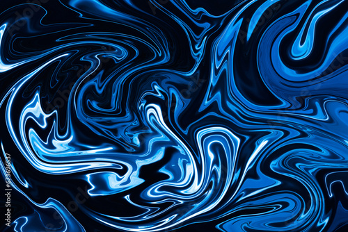 Fluid and organic blue background with swirls on a glossy and reflective surface
