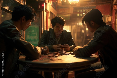 A lively gathering of men in casual clothing sit around a wooden table  surrounded by plush furniture in an indoor room  their faces intent as they engage in a game of poker  the sound of shuffling c
