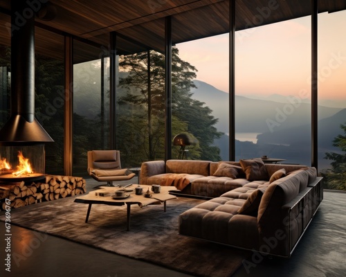 A cozy cabin nestled among towering mountains, with a warm fireplace and plush couch beckoning you to relax and admire the view from the large windows