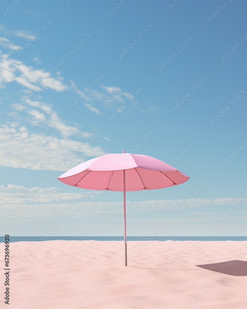 A vibrant pink umbrella stands tall against the open sky, sheltering the beachgoer from the warm rays as they sink their toes into the soft sand and gaze out at the endless expanse of water, while fl