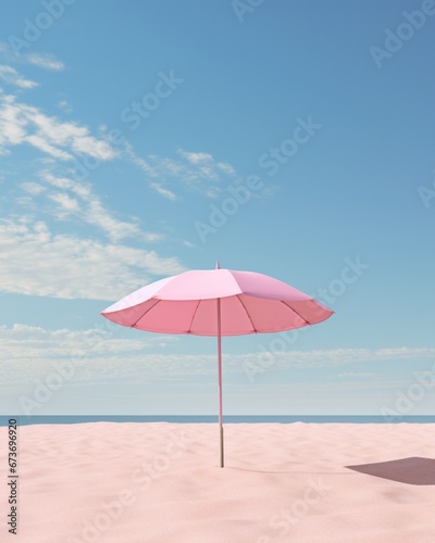 A vibrant pink umbrella stands tall against the open sky, sheltering the beachgoer from the warm rays as they sink their toes into the soft sand and gaze out at the endless expanse of water, while fl © mockupzord