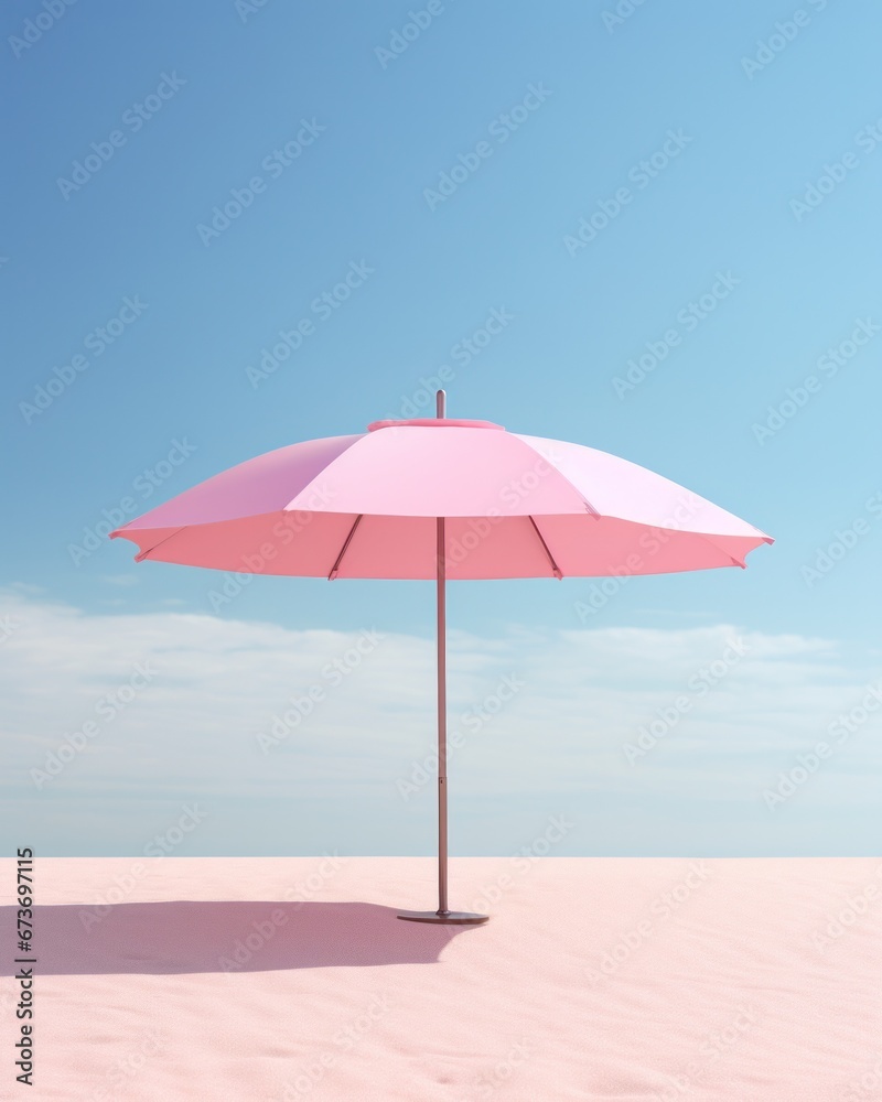 A vibrant pink umbrella stands tall against the endless sky, casting a playful shadow on the warm sand of the beach, a perfect accessory for a day of outdoor exploration and relaxation in the breatht