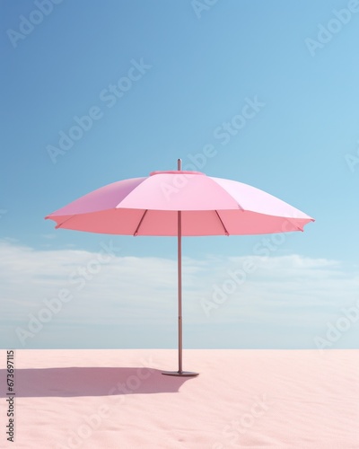 A vibrant pink umbrella stands tall against the endless sky, casting a playful shadow on the warm sand of the beach, a perfect accessory for a day of outdoor exploration and relaxation in the breatht © mockupzord