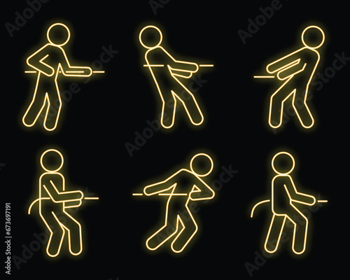 Tug of war game icons set. Outline set of tug of war game vector icons neon color on black