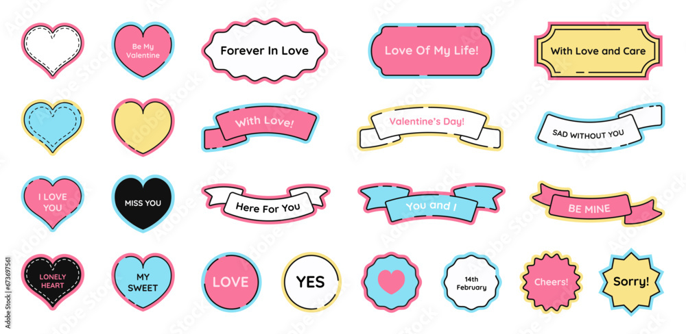 Valentine's Day cute sticker pack with heart symbols and different round and wavy badges. Labels with short cheerful phrases. Vector illustration. Valentine's Day cute sticker pack with heart symbols and different round and wavy badges. Labels with short cheerful phrases. Vector illustration.