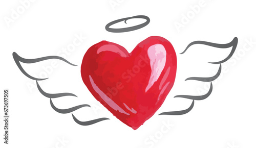 Symbol of heart with wings painted in watercolor.