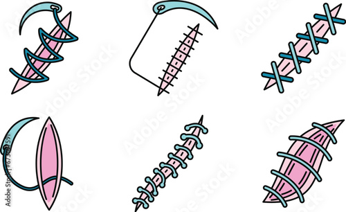 Medical suture icons set. Outline set of medical suture vector icons thin line color flat on white