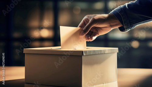 hand with ballot box on the table