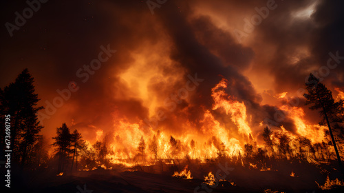 A striking photograph of a raging wildfire consuming a forest, emphasizing the destructive power and increasing frequency of wildfires exacerbated by climate change.