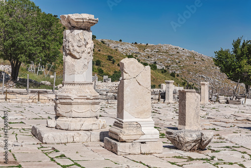 Remains of honorary monuments at Upper Agora in ancient city of Sagalassos. Aglasun, Budur, Turkey