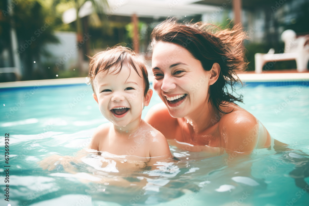Mother and daughter having fun in swimming pool. Holiday and vacation fun with family. Summer vacations concept. 