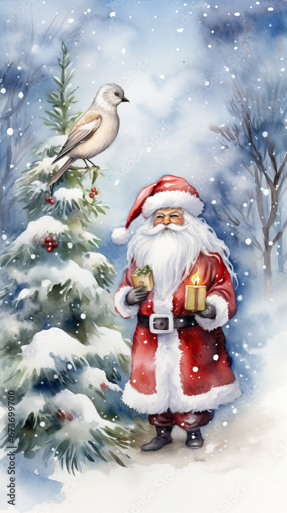 Obraz premium santa, claus, hat, celebration, holiday, watercolor, christmas, december, costume, merry, present, new year