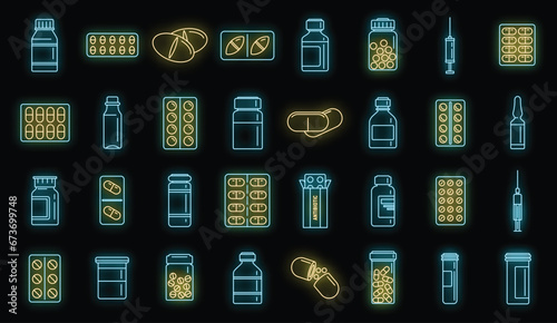 Antibiotic drug icons set. Outline set of antibiotic drug vector icons neon color on black