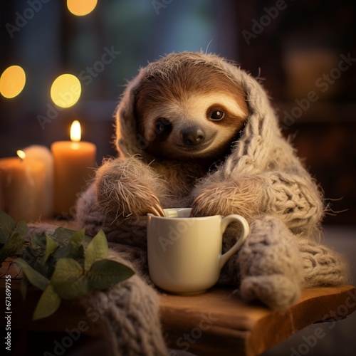 sloth with blanket drink a coffee in a warm house