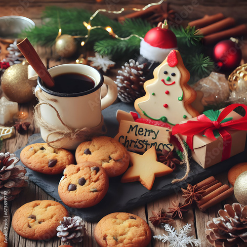 Merry Christmas with Cookies and Coffee on Wood Table Background