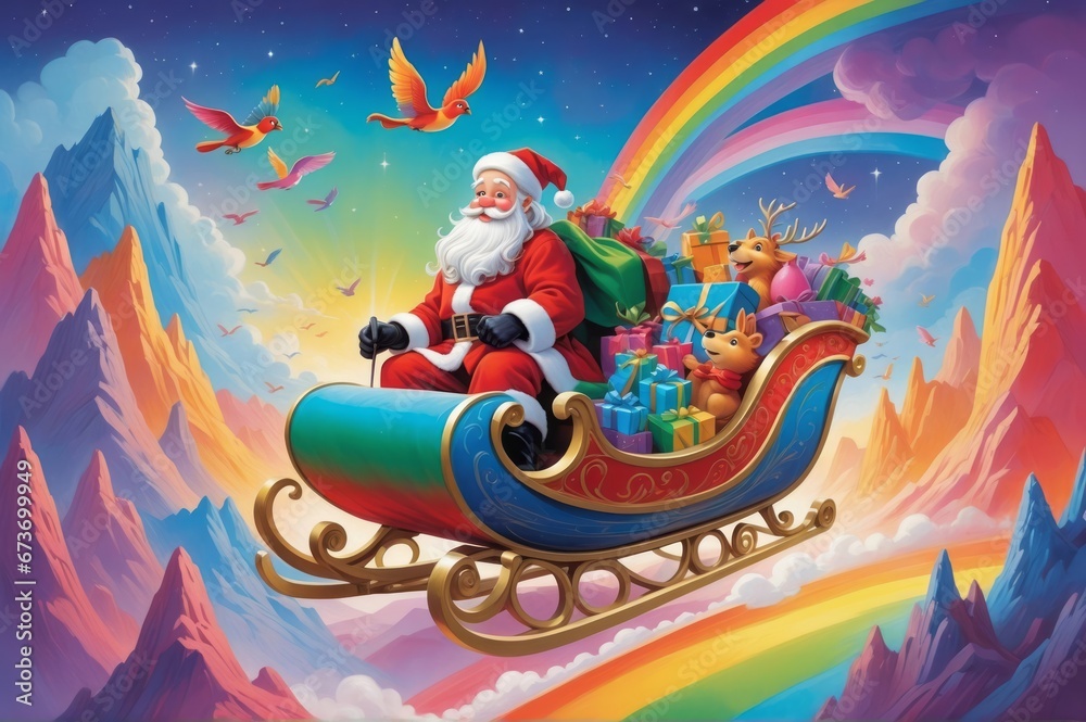 Digital Illustration of Santa Claus on Santa's sleigh decorated in rainbow colors flies through a surreal, dreamlike landscape, spreading joy and diversity. Generative Ai
