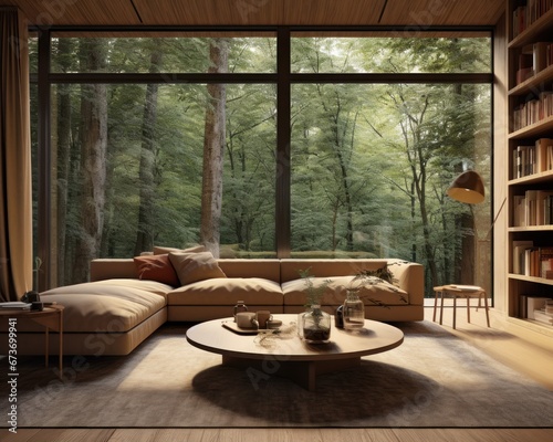 Amidst the warmth of a wood-paneled den, a cozy loveseat beckons with plush pillows, while a towering bookcase frames a grand window offering glimpses of the outside world photo