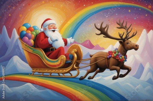 Digital Illustration of Santa Claus on Santa s sleigh decorated in rainbow colors flies through a surreal  dreamlike landscape  spreading joy and diversity. Generative Ai