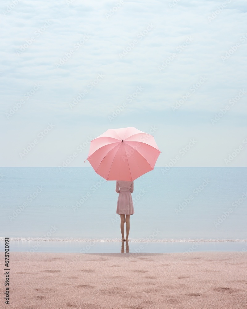 A lone figure stands on the sandy shore, her pink umbrella shielding her from the vast expanse of the blue sky and shimmering sea, creating a peaceful oasis amidst the chaotic beauty of the outdoors