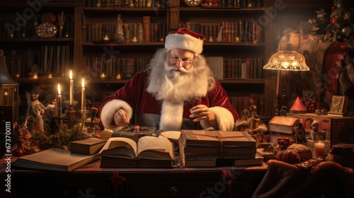 Santa Claus surrounded by stacks of holiday books reading aloud in a cozy softly lit room