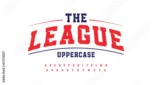 Sport league typography alphabet. Original font with uppercase letters and numbers. Vintage athletic style typeface. Vector illustration.