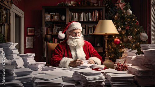 Santa tackles paperwork at a modern desk