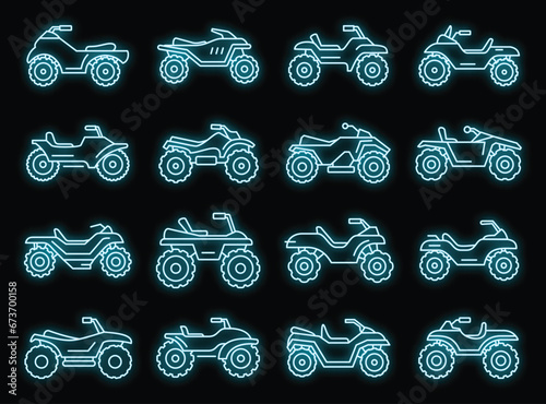 Sport quad bike icons set. Outline set of sport quad bike vector icons neon color on black