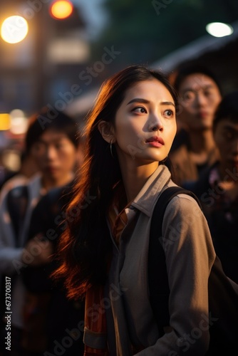 In the dark night, a fashion-forward woman gazes up at the street, her portrait captured in the glow of the city as she stands among the crowd of people, her clothing a statement of her bold and wild