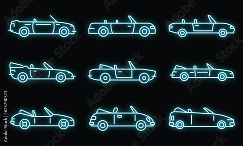 Modern cabriolet icons set. Outline set of modern cabriolet vector icons neon color on black