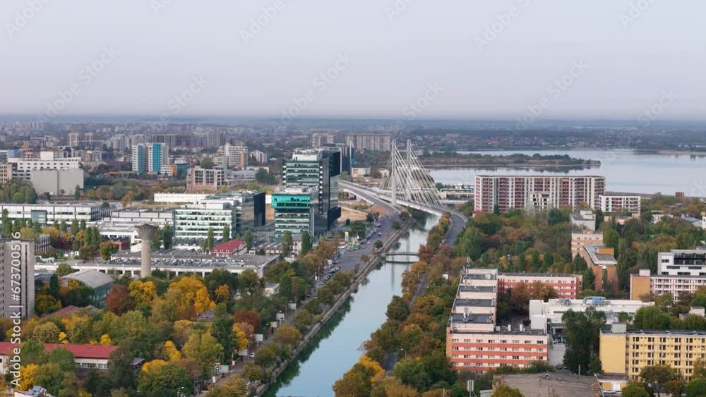 Drone View Over Ciurel Bridge And Lacul Morii In Bucharest, Romania Drone View Over Ciurel Bridge And Lacul Morii In Bucharest, Romania