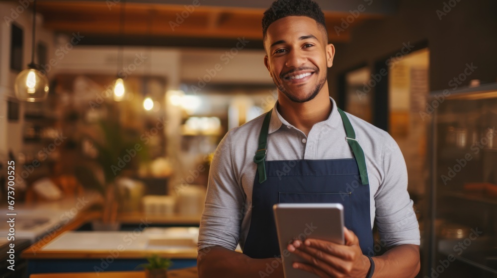 Restaurant entrepreneur with tablet, leaning on door and open to customers portrait. Owner, manager or employee of a startup fast food store, cafe or coffee shop business standing happy with a smile