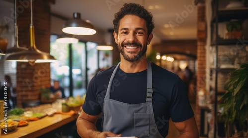 Restaurant entrepreneur with tablet  leaning on door and open to customers portrait. Owner  manager or employee of a startup fast food store  cafe or coffee shop business standing happy with a smile
