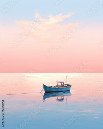 A tranquil boat glides across the peaceful waters  under a fiery sky  carrying its passengers towards a new adventure on the vast ocean