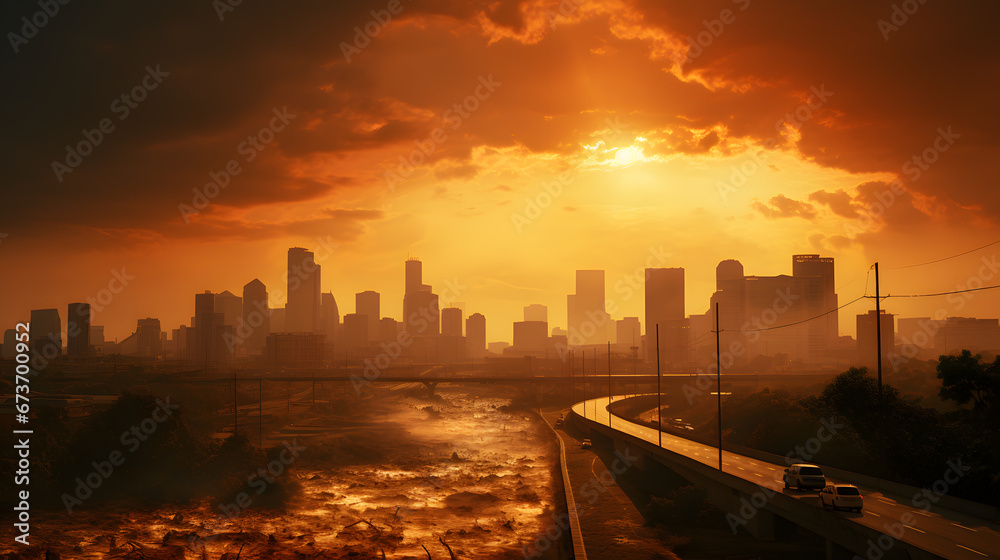 A shot of a city skyline during a sweltering heatwave, highlighting the dangers of extreme temperatures and heat-related illnesses.