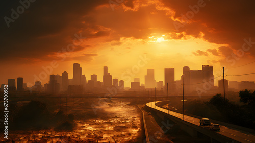 A shot of a city skyline during a sweltering heatwave  highlighting the dangers of extreme temperatures and heat-related illnesses.