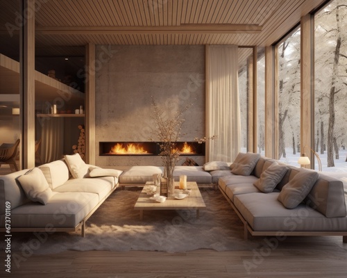 A cozy den with plush couches, a crackling fireplace, and soft pillows invites you to curl up and escape the outside world within the warm embrace of this indoor sanctuary © mockupzord
