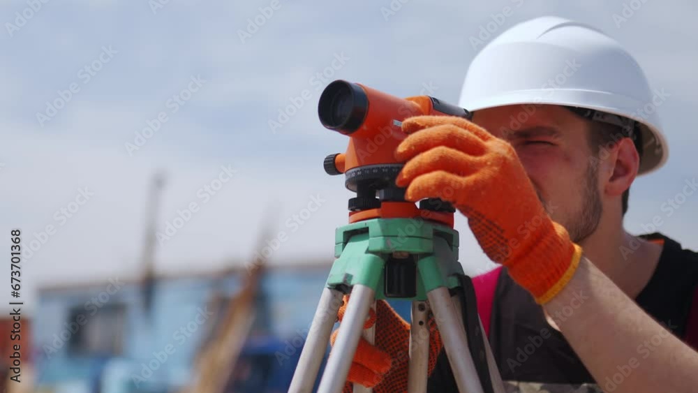 Construction worker uses optical level on construction site. Civil engineer with a theodolite doing land surveying work. Man wearing hard hat and work gloves measures angles for building plans.