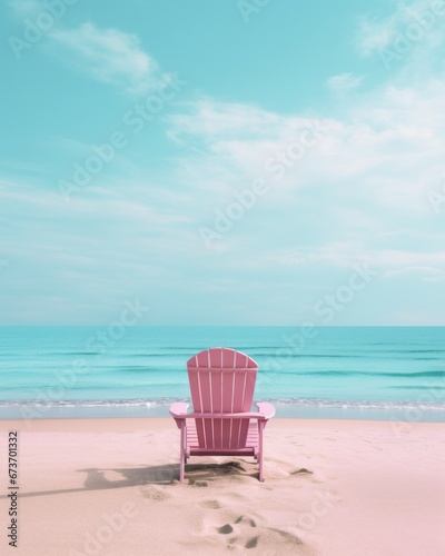 A solitary pink chair rests on the sandy beach, its bold hue contrasting against the muted sky and ocean, inviting one to sit and soak in the tranquil beauty of the outdoors © mockupzord