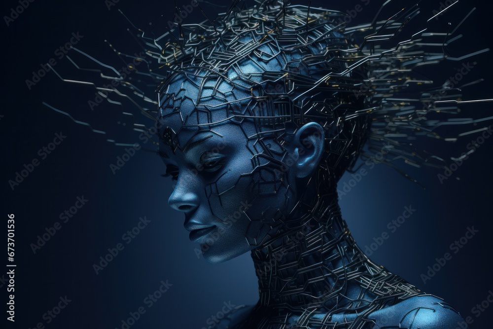 A metallic goddess emerges from the shadows, her cerulean form a stunning work of art, her hair gleaming like molten steel A metallic goddess emerges from the shadows, her cerulean form a stunning work of art, her hair gleaming like molten steel
